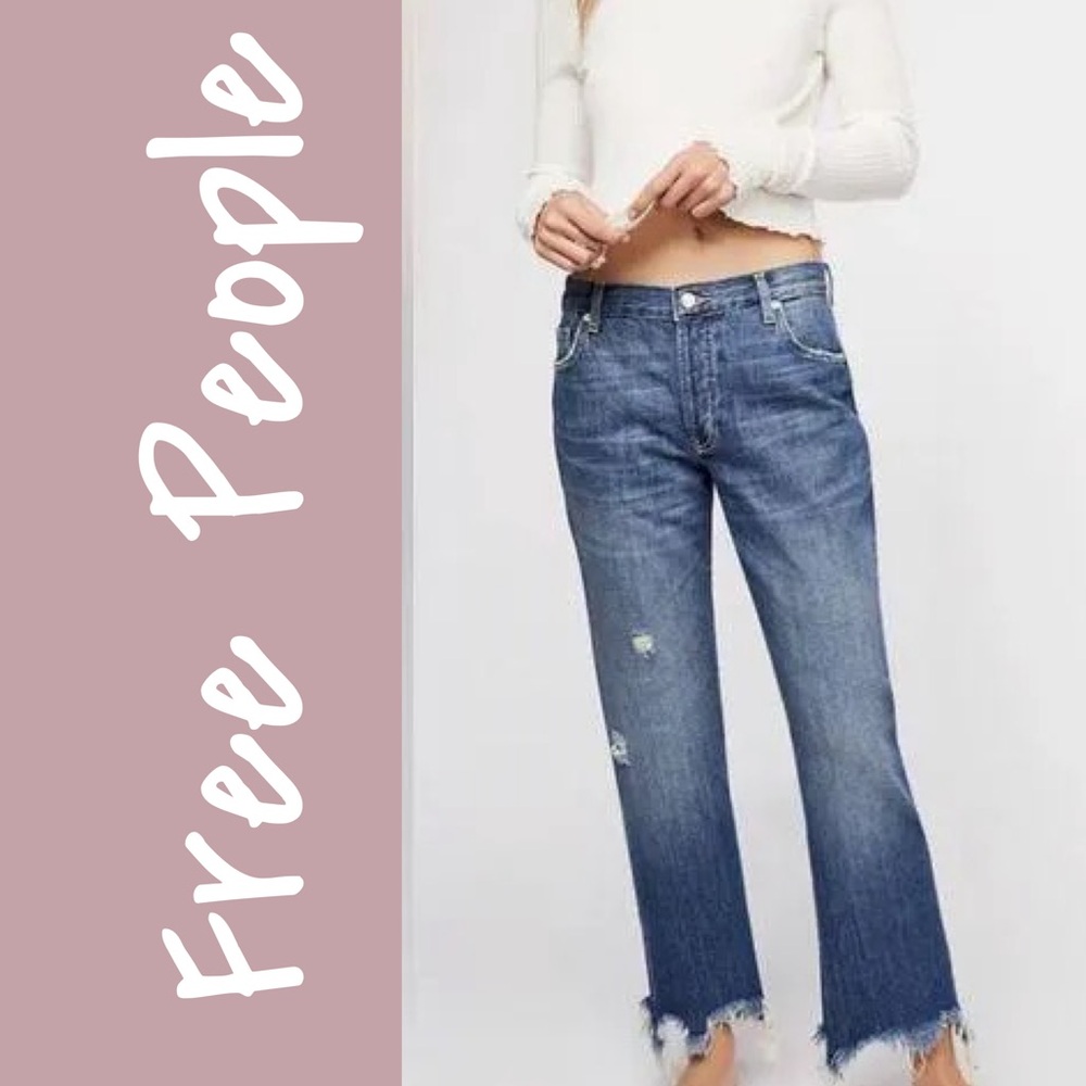 NWT Free People Maggie Straight Jeans 24 Sequoia Blue Raw Hem Mid Rise Buttonfly
